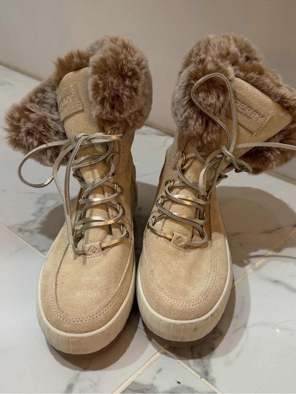 Sperry Winter Beige Faux-Fur Trim Suede Lace-Up Women’s Boots